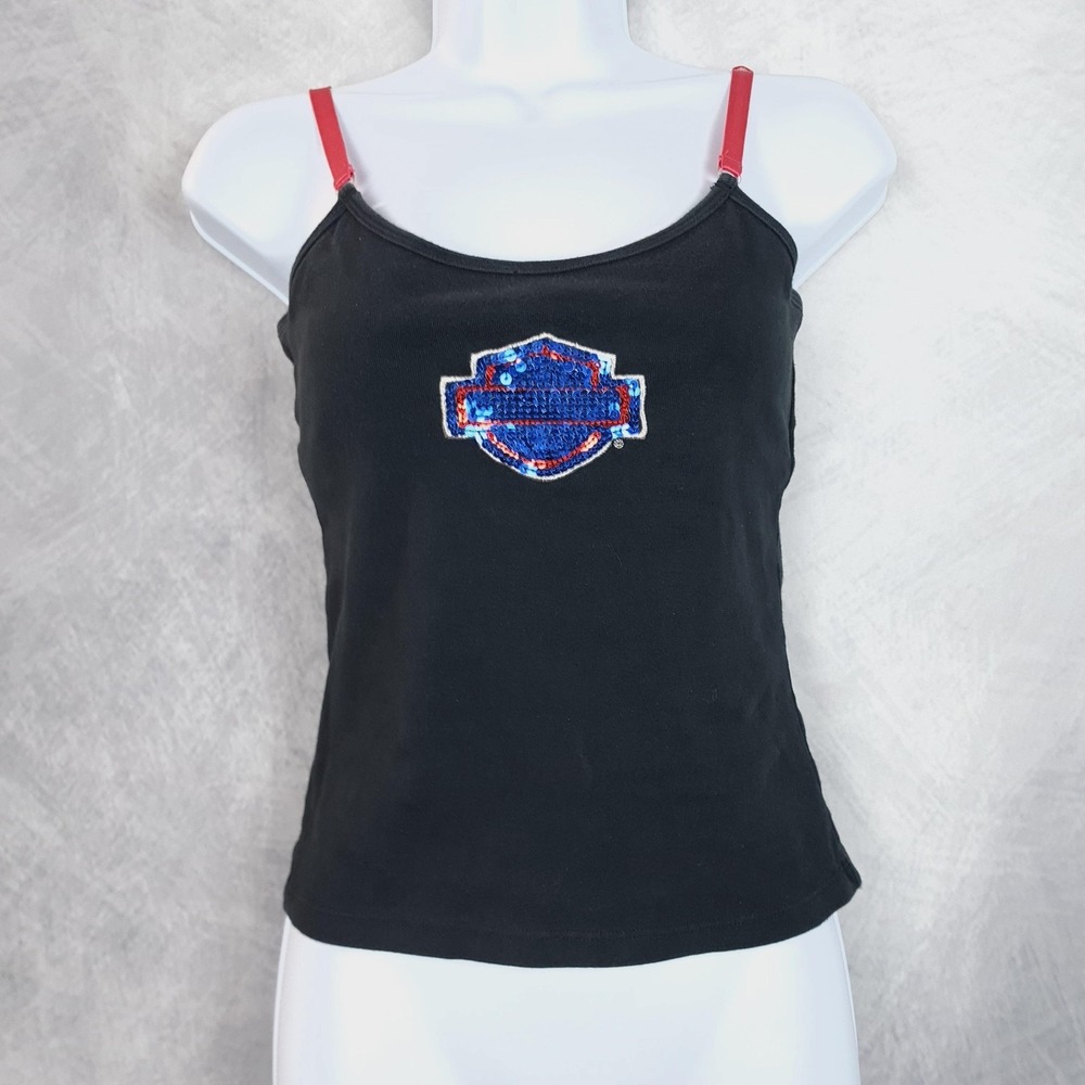 Vintage Y2K Harley-Davidson Cami Tank Top Womens Small Black Sequin Logo